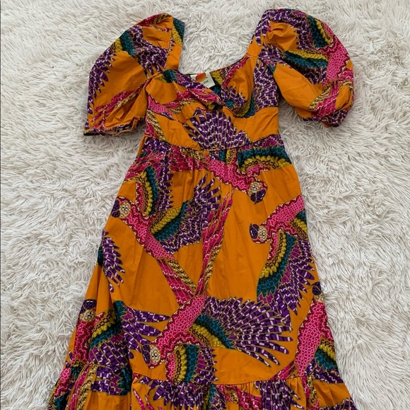 NWT farm rio Macau puff sleeve midi dress in orange - Picture 8 of 11
